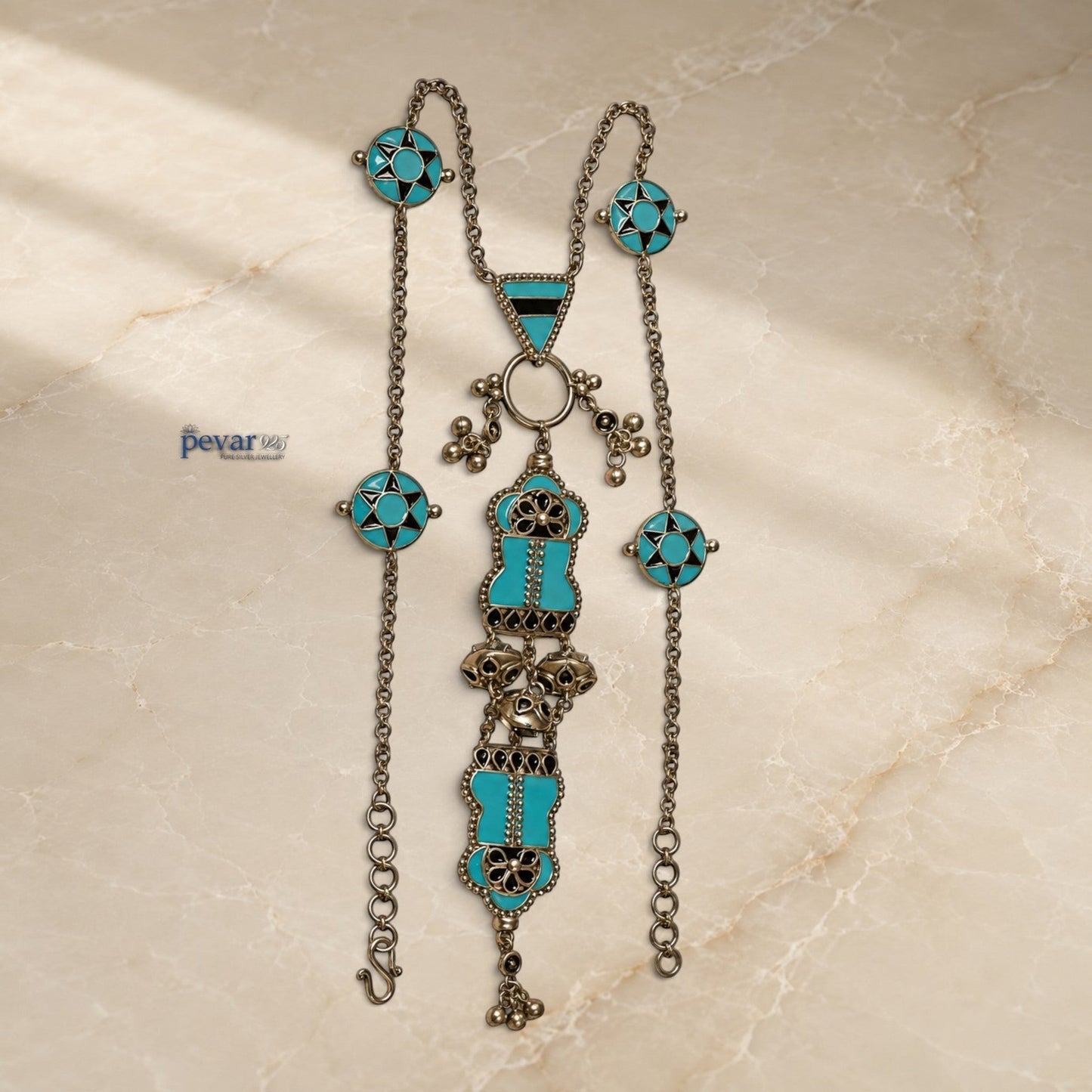 pevar925 handcrafted 925 oxidized silver statement necklace featuring lotus bloom motifs and vibrant turquoise minakari enamel
