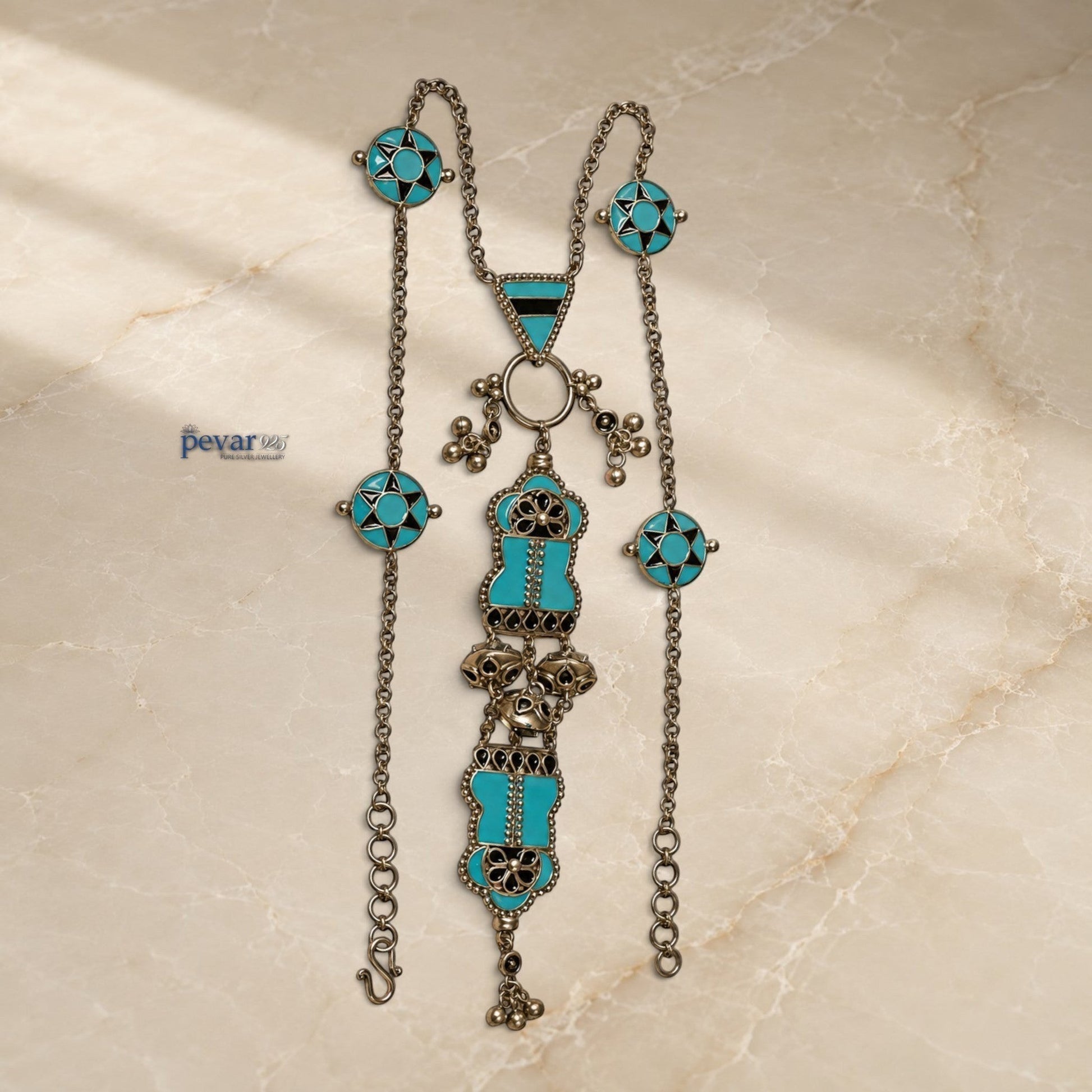 pevar925 handcrafted 925 oxidized silver statement necklace featuring lotus bloom motifs and vibrant turquoise minakari enamel