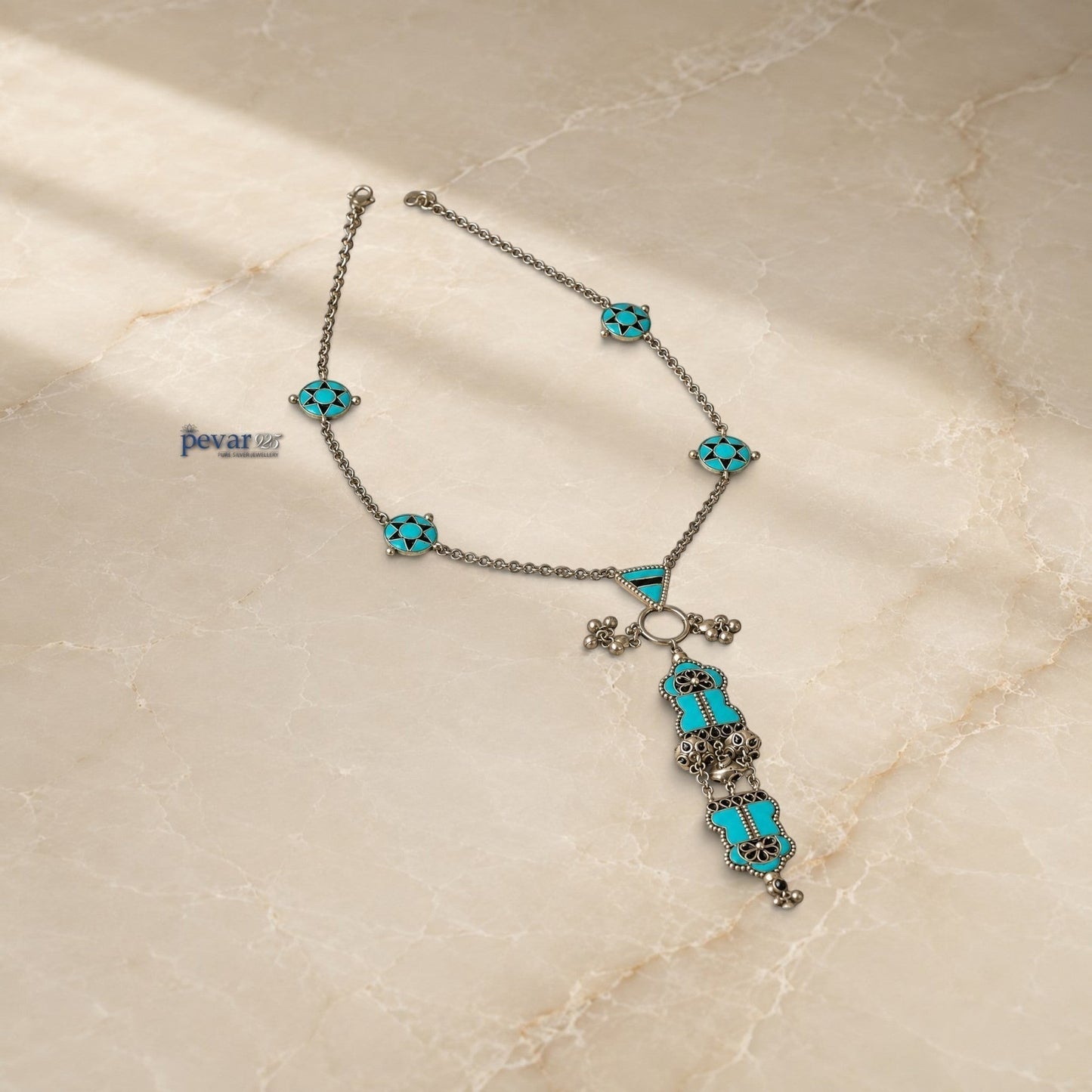 pevar925 handcrafted 925 oxidized silver necklace with turquoise minakari lotus motifs and delicate silver charms
