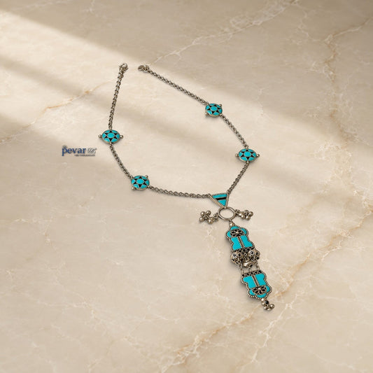 pevar925 handcrafted 925 oxidized silver necklace with turquoise minakari lotus motifs and delicate silver charms