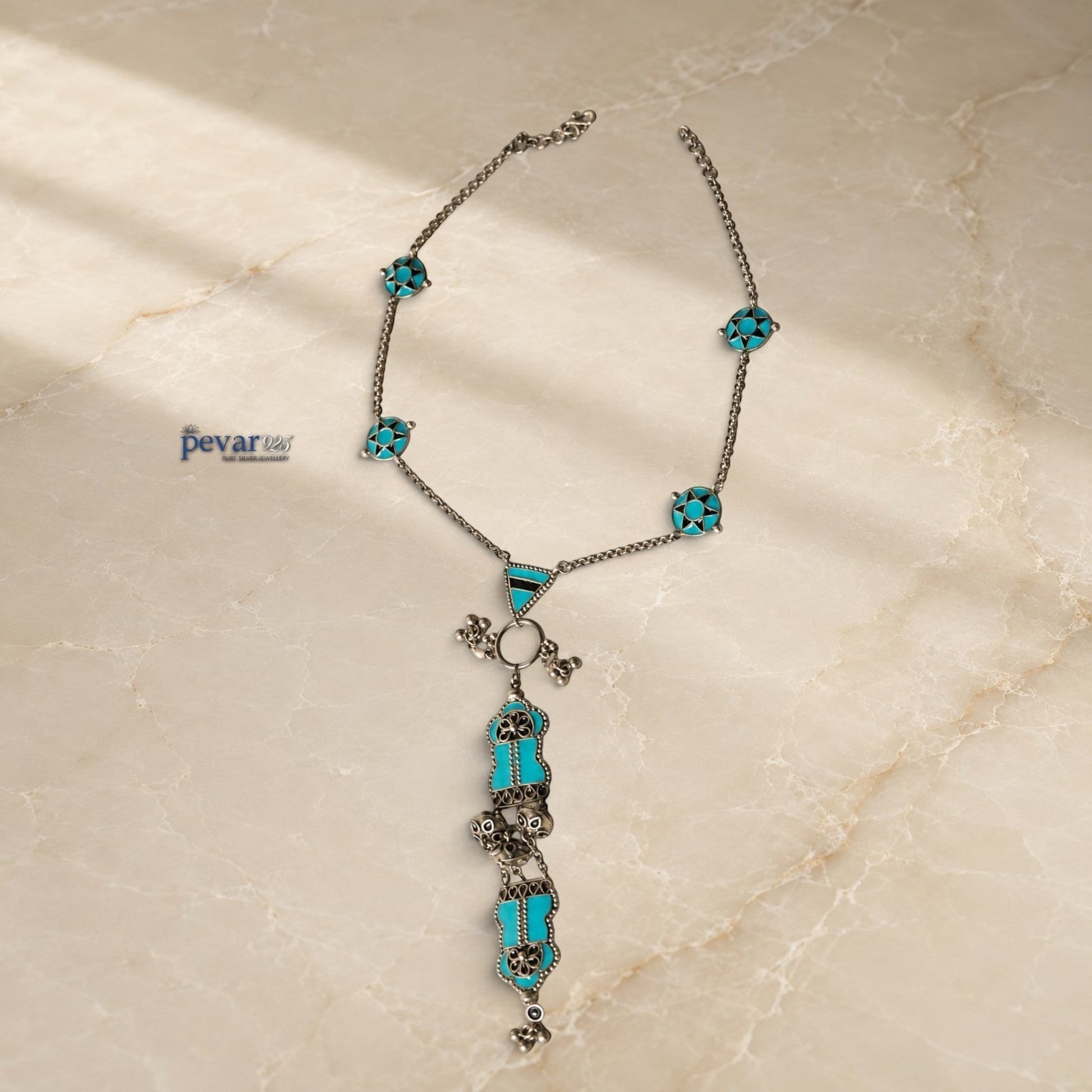 pevar925 handcrafted 925 oxidized silver statement necklace featuring lotus bloom motifs and vibrant blue minakari enamel
