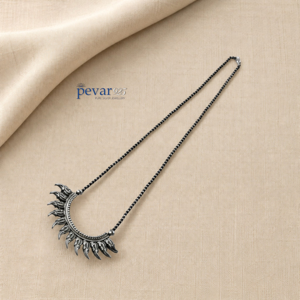 pevar925 oxidized 925 sterling silver mangalsutra with black beads and a crescent parrot motif pendant
