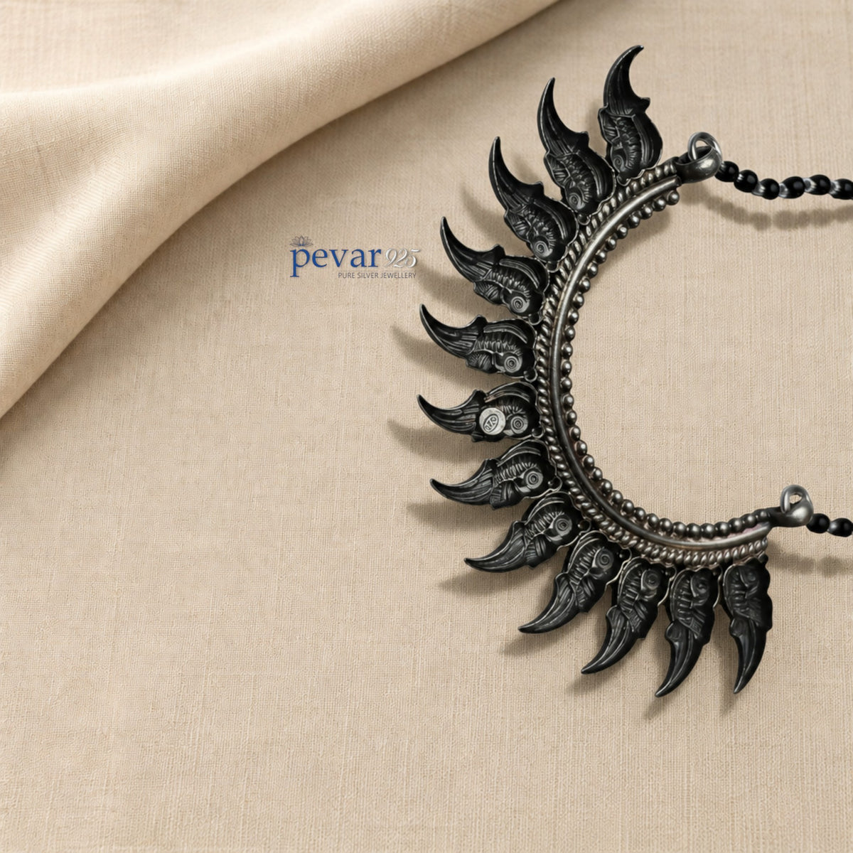 pevar925 oxidized 925 sterling silver mangalsutra with black beads and a crescent parrot motif pendant