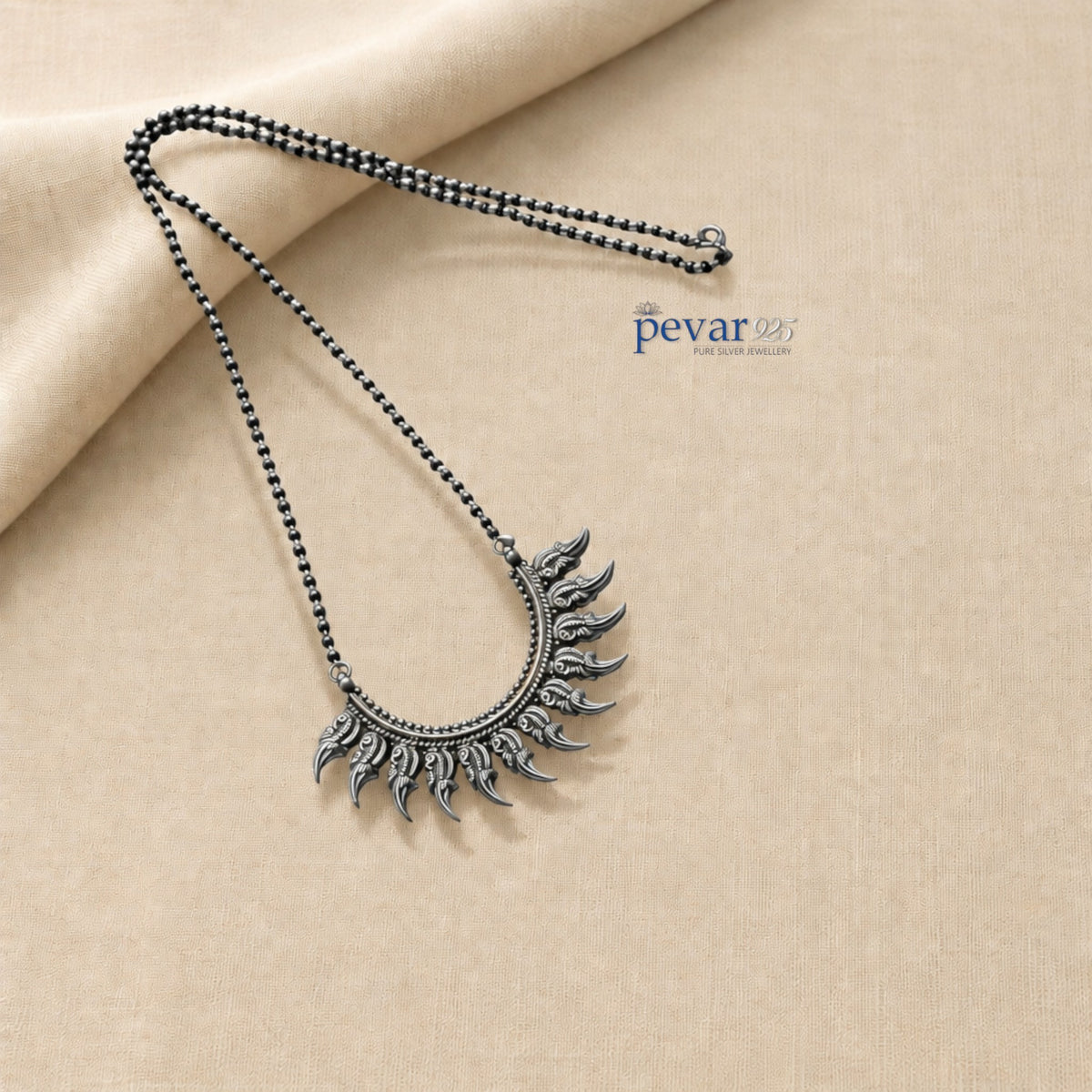 pevar925 oxidized 925 sterling silver mangalsutra with black beads and a crescent parrot motif pendant