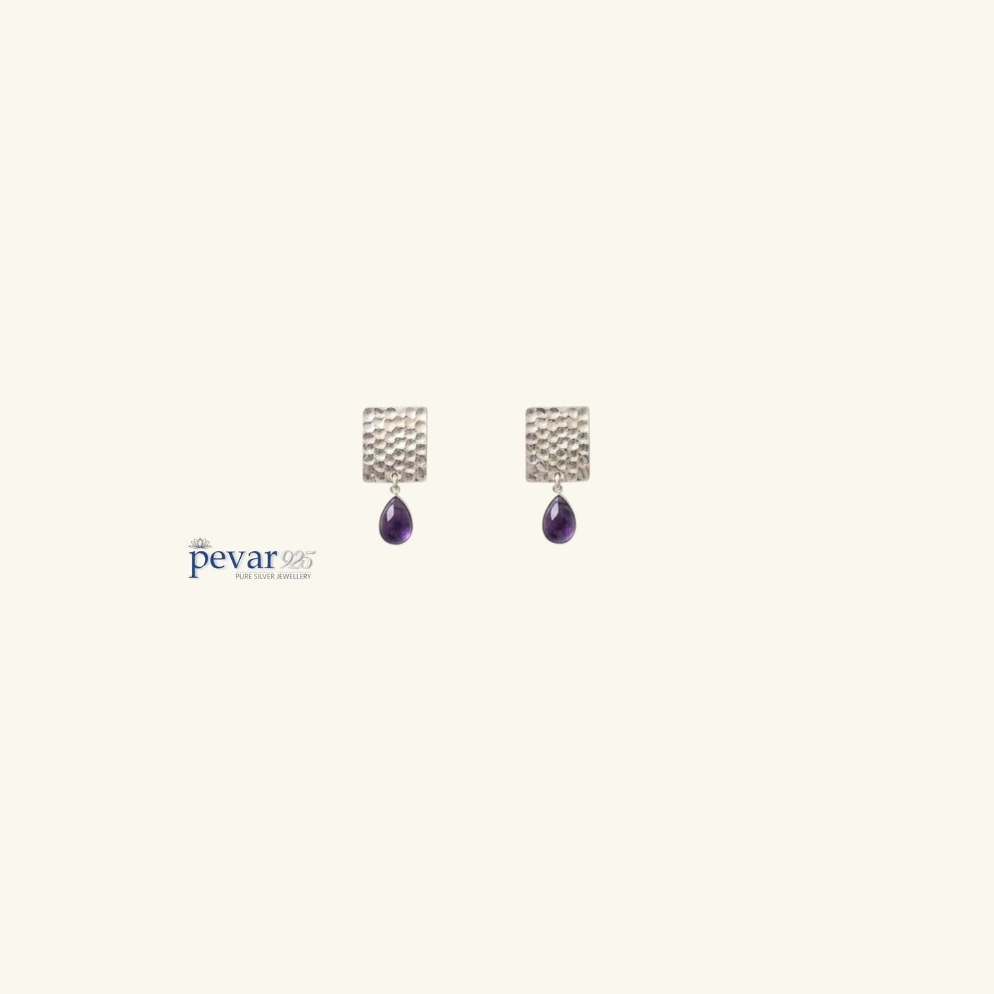 pevar925 oxidized 925 silver earrings featuring hammered rectangular studs with dangling purple teardrop stones.