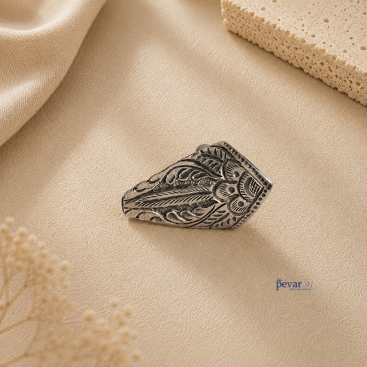 pevar925 oxidized silver adjustable ring featuring intricate tower motif chitai engraving on a neutral textured surface