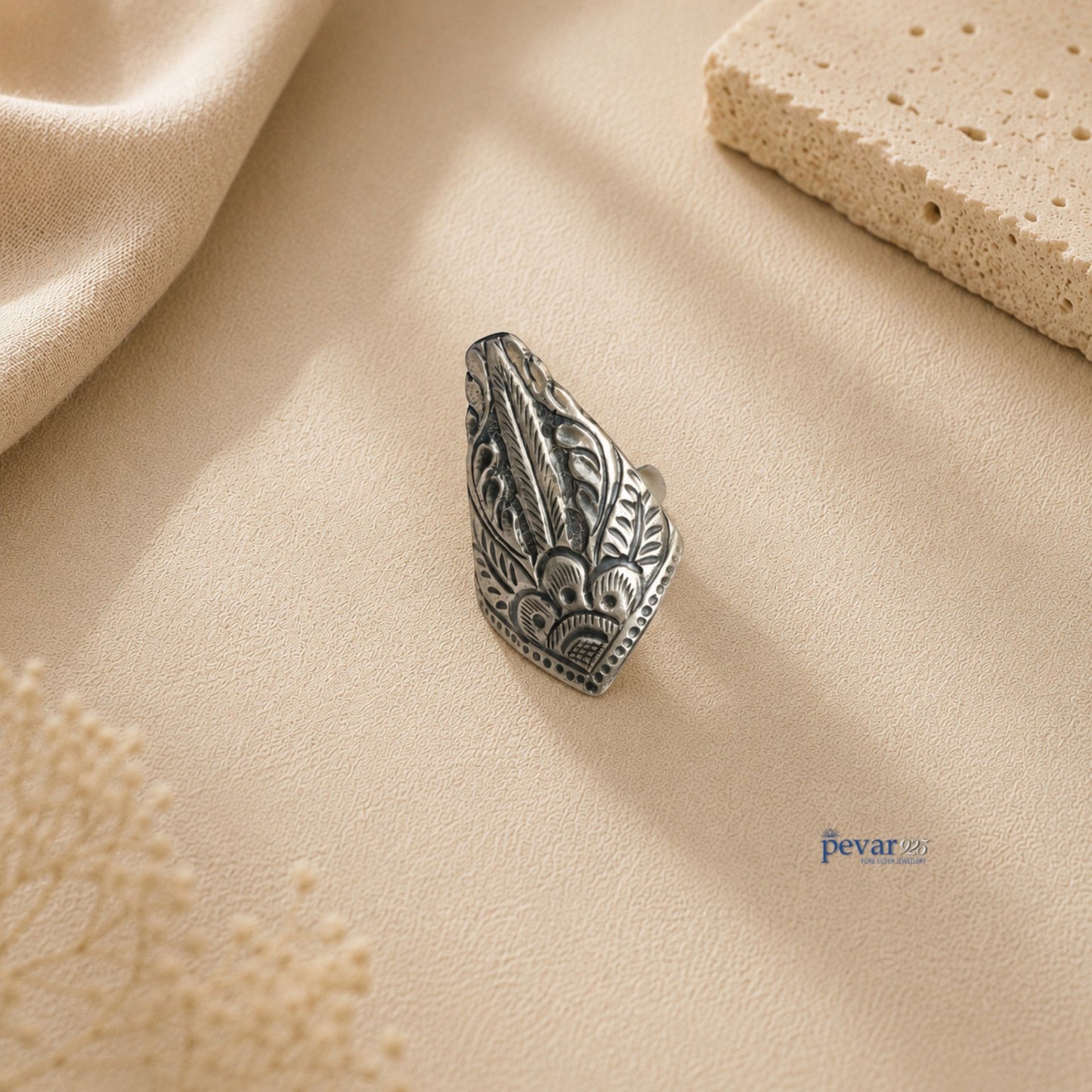 pevar925 oxidized silver adjustable ring featuring intricate tower-shaped chitai floral and leaf engravings