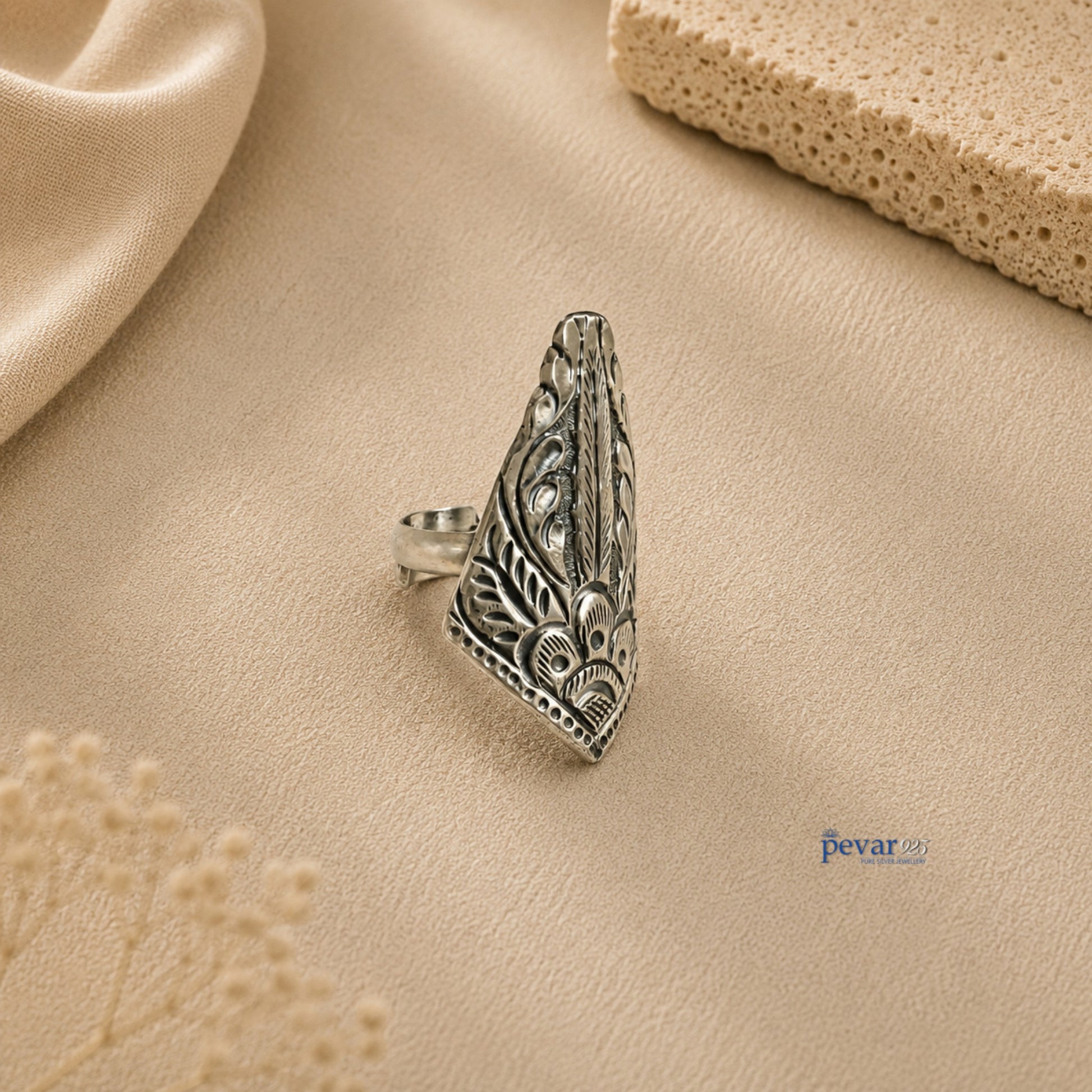 pevar925 oxidized silver adjustable ring featuring an intricate tower motif with traditional chitai floral engraving