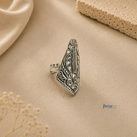 pevar925 oxidized silver adjustable ring featuring an intricate tower motif with traditional chitai floral engraving