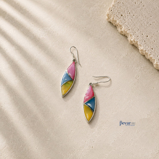 pevar925 oxidized silver hook earrings featuring tri-color pink, blue, and yellow leaf motifs on a stone background.