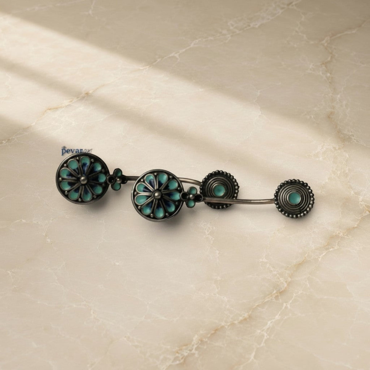 pevar925 handcrafted oxidized 925 silver earrings featuring turquoise and blue floral minakari enamel detailing.