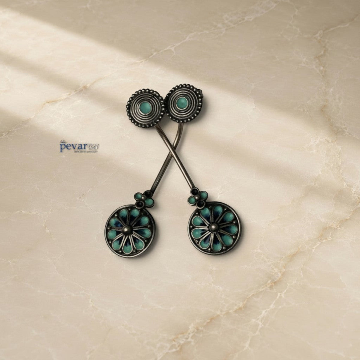 pevar925 handcrafted oxidized 925 silver earrings with turquoise and blue minakari floral enamel detailing