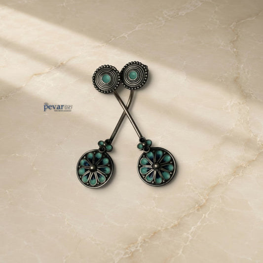 pevar925 handcrafted oxidized 925 silver earrings with turquoise and blue minakari floral enamel detailing