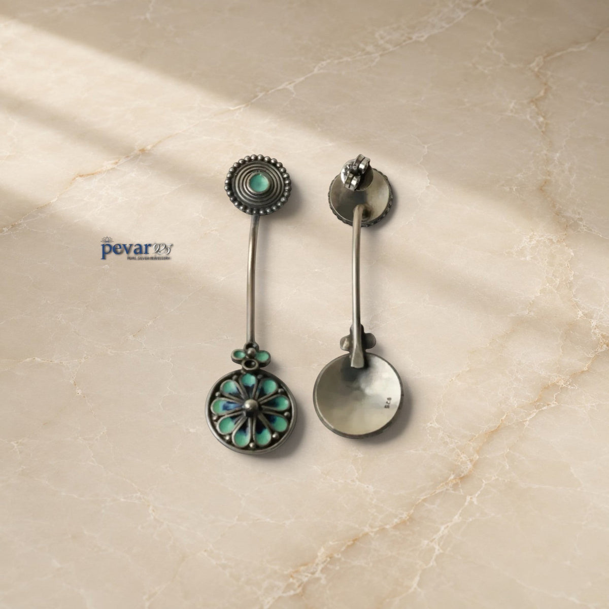 pevar925 handcrafted oxidized 925 silver earrings featuring turquoise bloom minakari enamel floral motifs