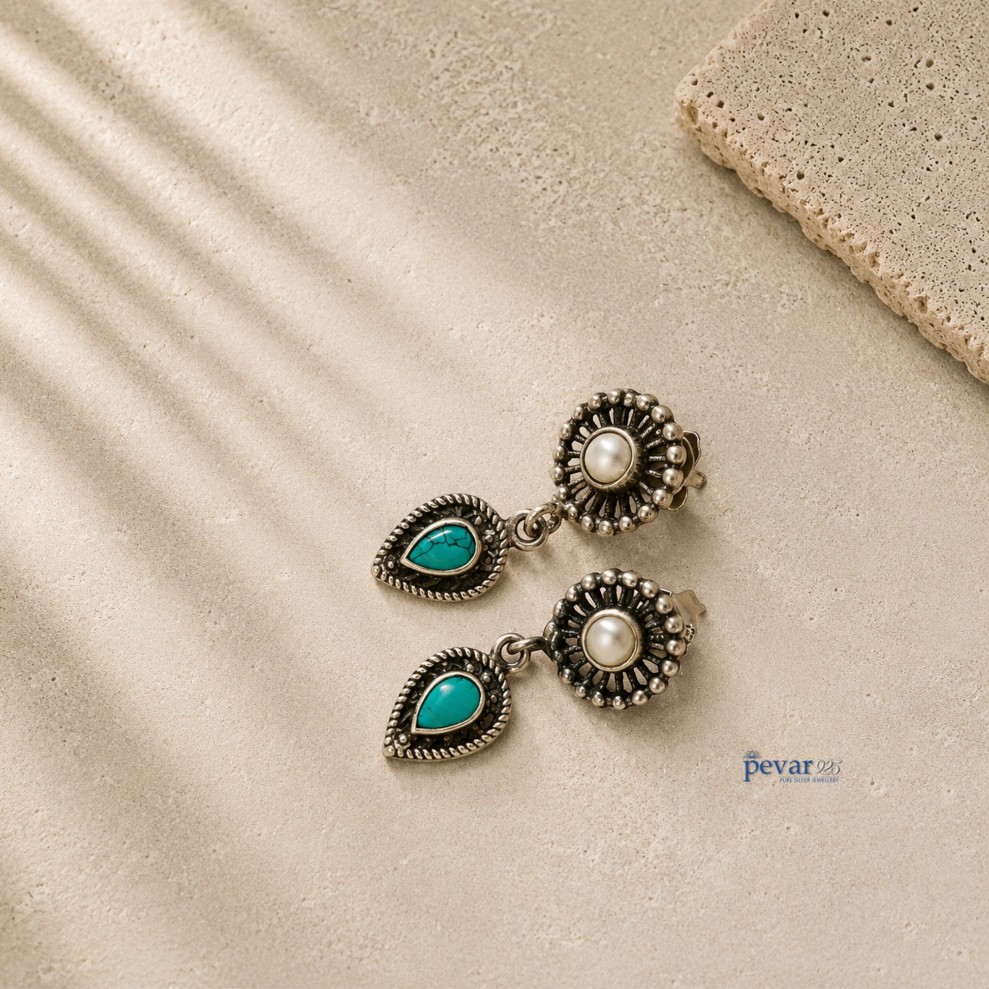 pevar925 oxidized 925 silver drop earrings featuring turquoise teardrop stones and central white pearls
