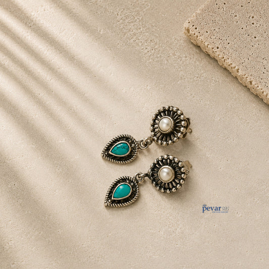pevar925 oxidized 925 silver drop earrings featuring turquoise teardrop stones and central white pearls