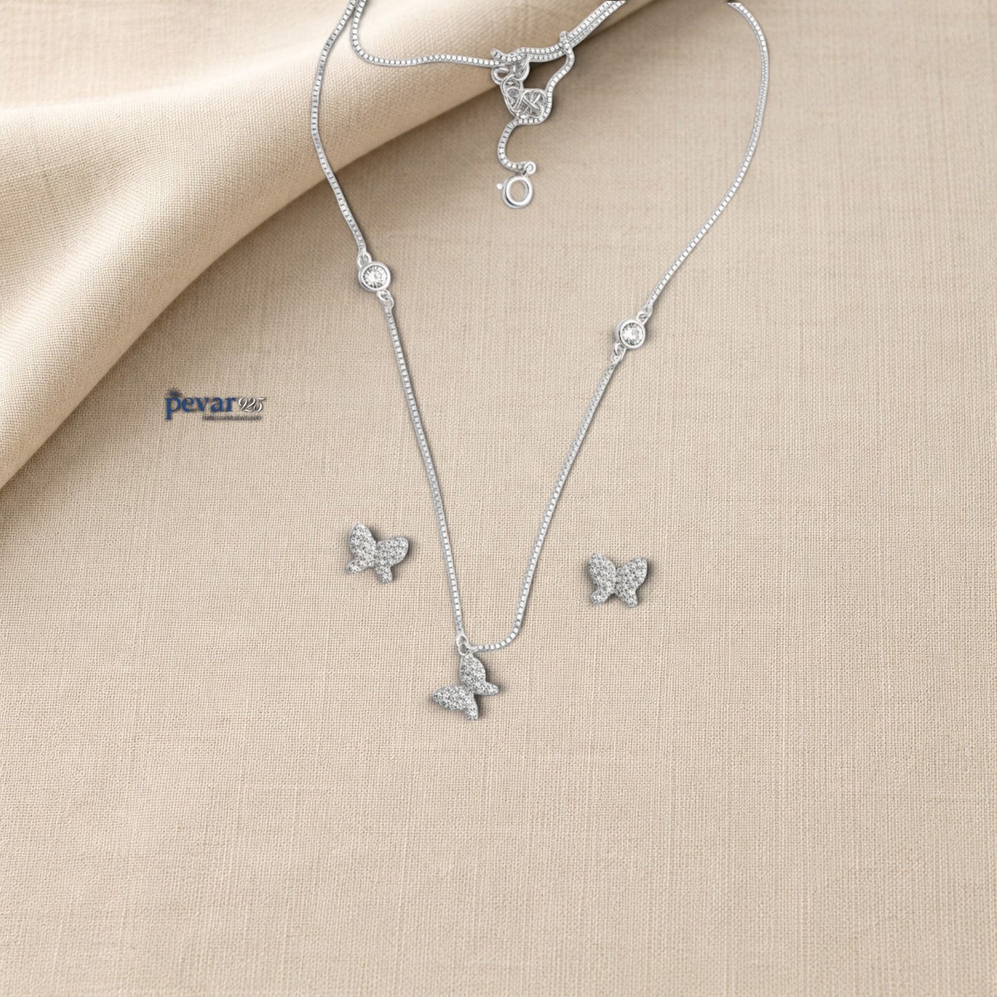 pevar925 sterling silver butterfly necklace and earring set with rhodium plating and sparkling stone accents