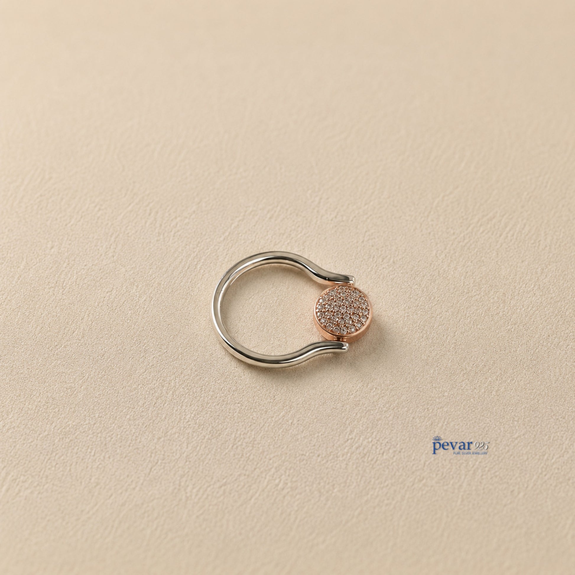 pevar925 sterling silver adjustable flip ring with a round zircon-studded top and rhodium-plated band