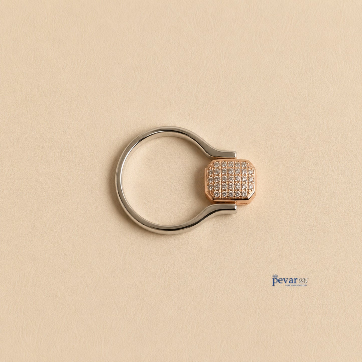 pevar925 sterling silver flip ring with a rectangular head featuring sparkling zircon accents on a neutral background