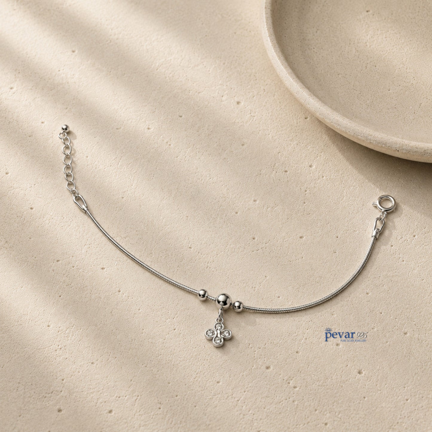 pevar925 sterling silver floral charm bracelet with a delicate chain and sparkling gemstone flower pendant