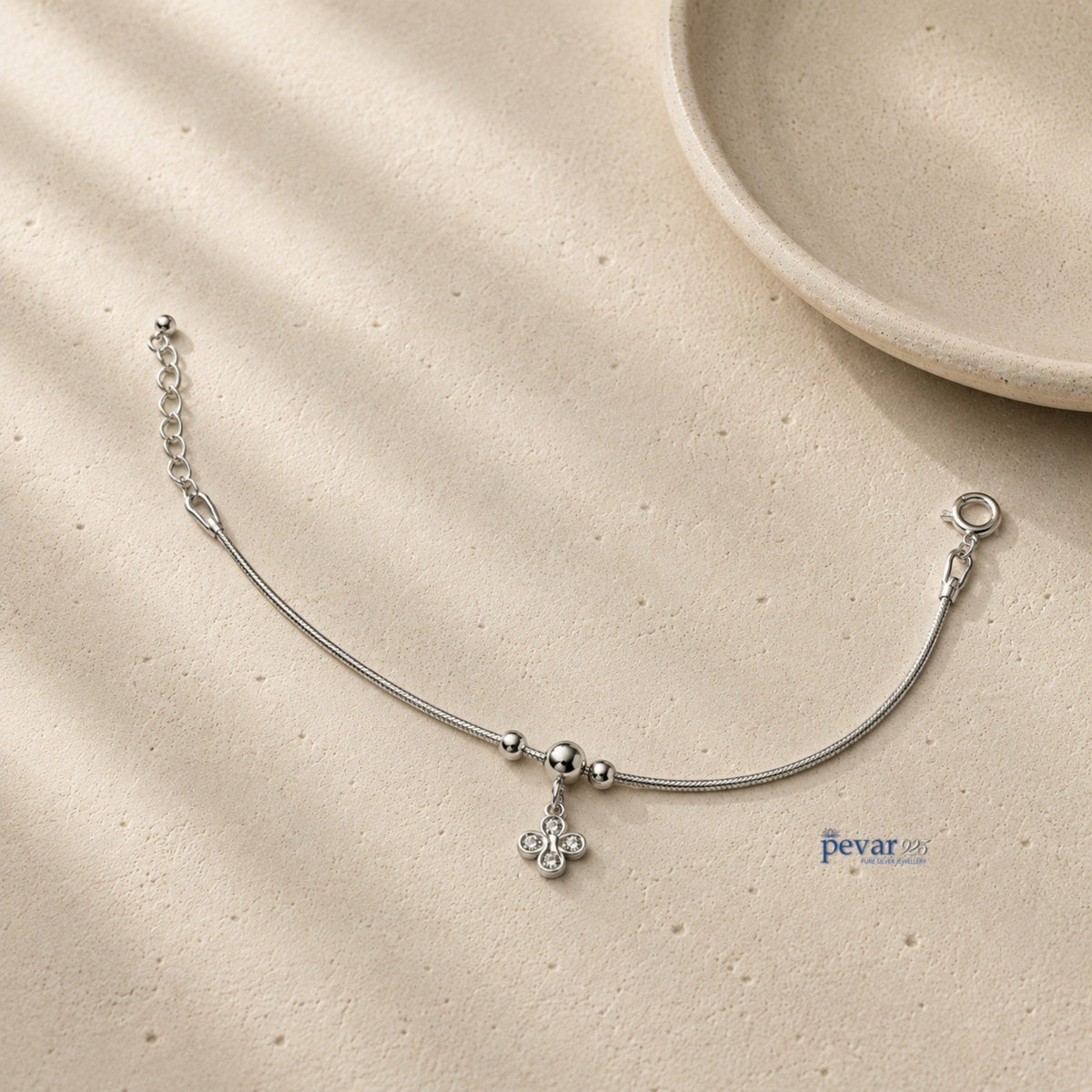 pevar925 sterling silver floral charm bracelet with a delicate chain and sparkling gemstone flower pendant