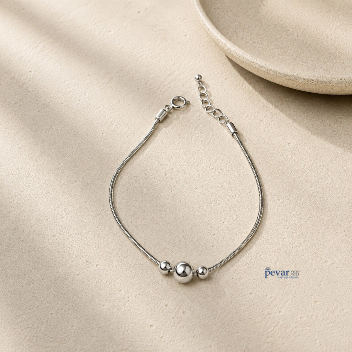 pevar925 sterling silver kids charm bracelet with three polished beads on a delicate chain, rhodium plated