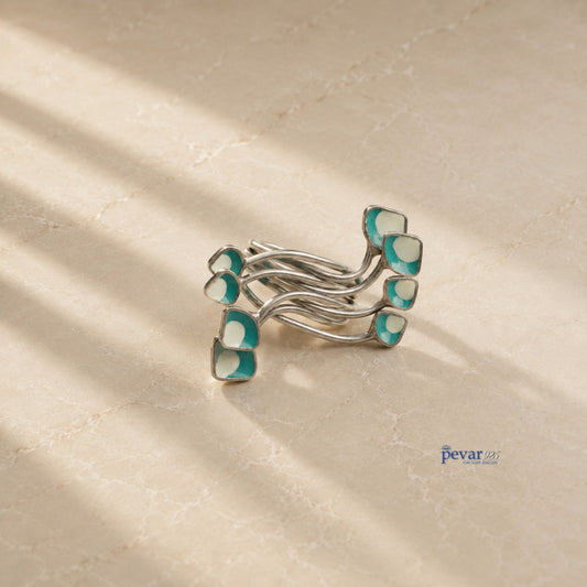 pevar925 handcrafted sterling silver statement ring with turquoise and white meenakari enamel and oxidized finish