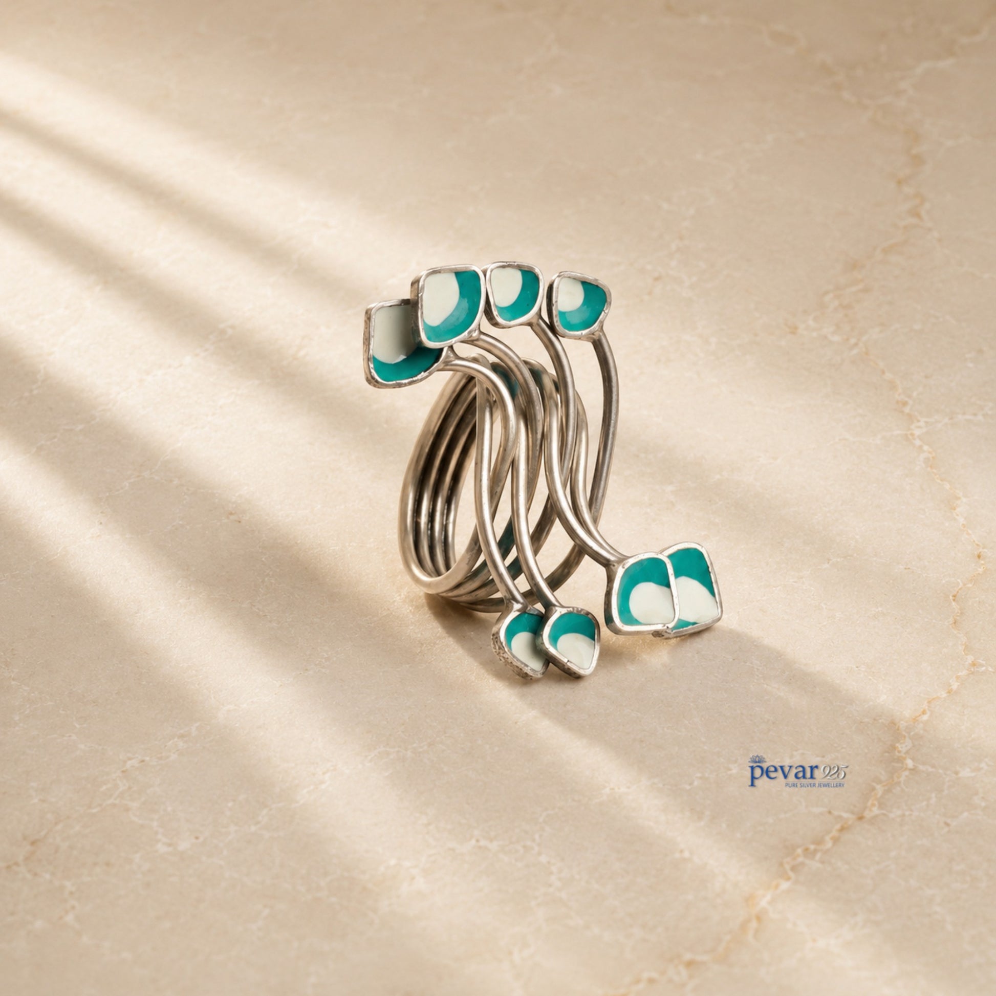 pevar925 handcrafted 925 sterling silver statement ring with turquoise and white meenakari enamel and oxidized finish