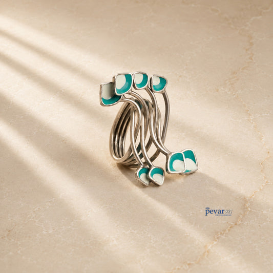 pevar925 handcrafted 925 sterling silver statement ring with turquoise and white meenakari enamel and oxidized finish