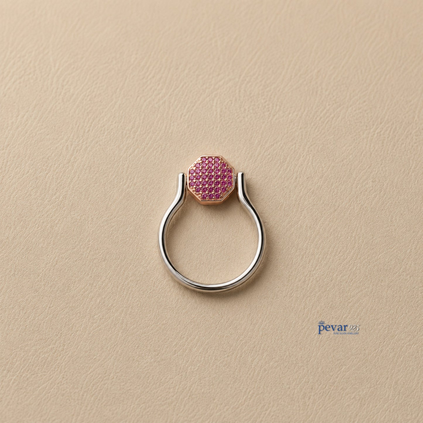 pevar925 sterling silver adjustable flip ring with a hexagonal top featuring vibrant pink gemstones