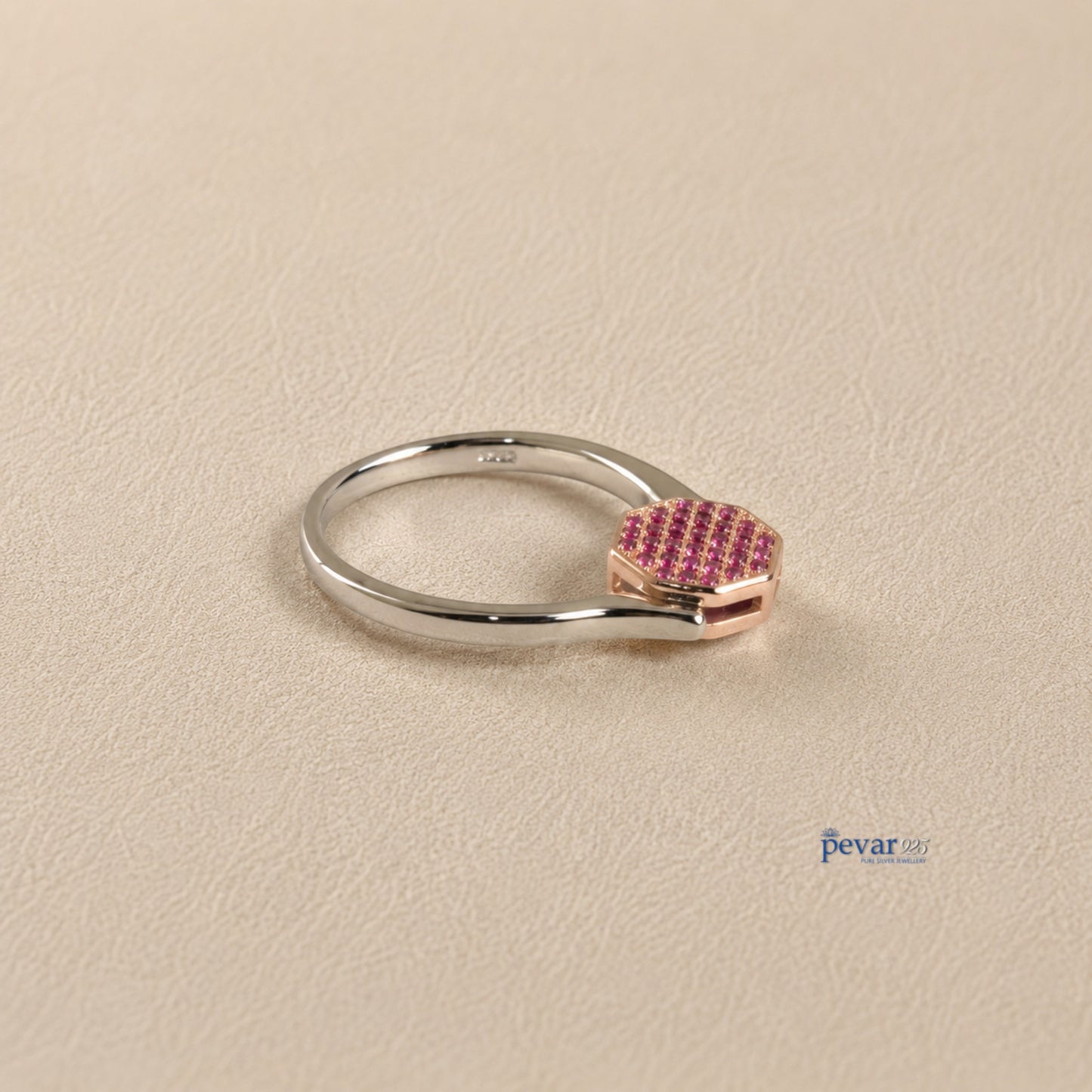 pevar925 sterling silver adjustable flip ring with a hexagonal top featuring vibrant pink gemstones