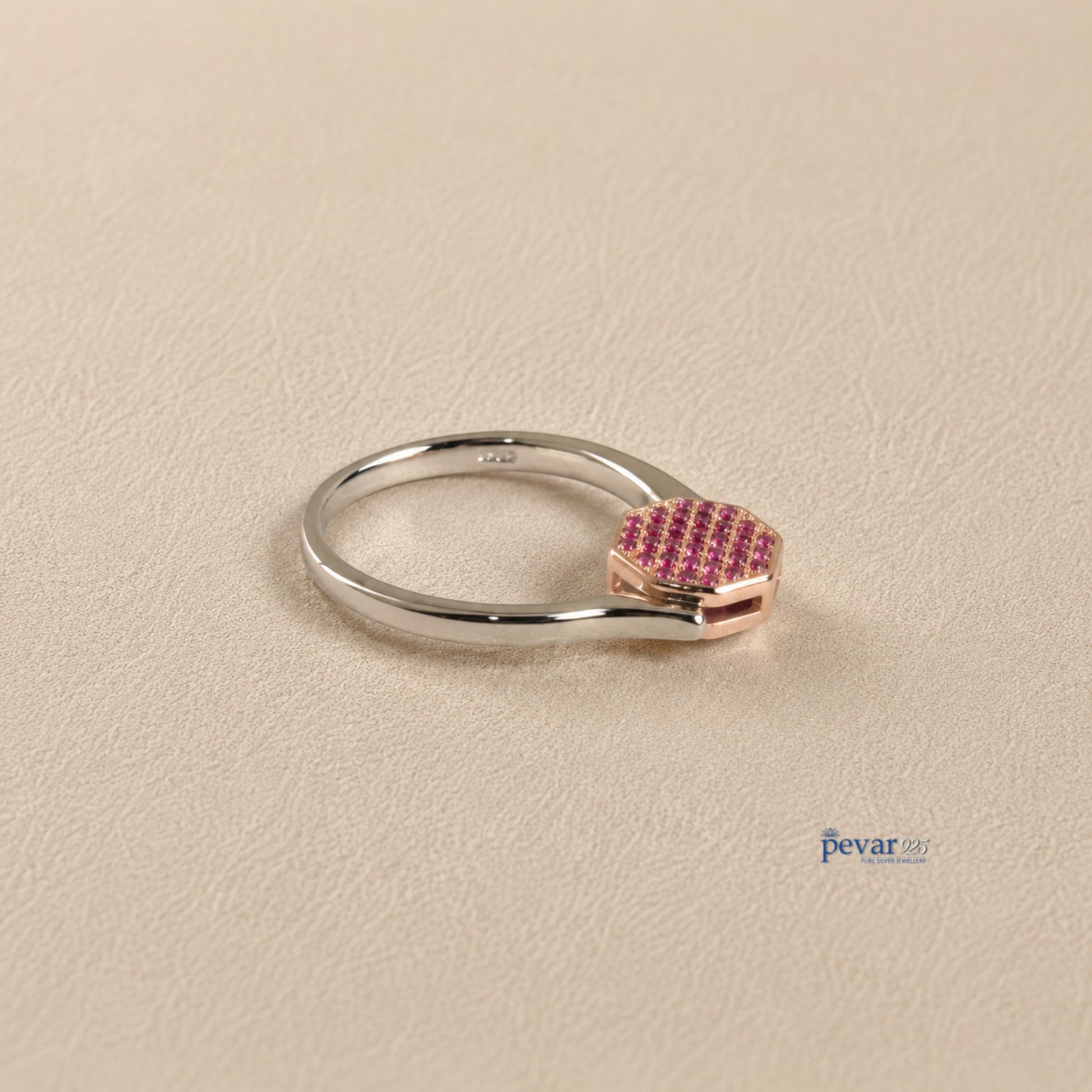 pevar925 sterling silver adjustable flip ring with a hexagonal top featuring vibrant pink gemstones