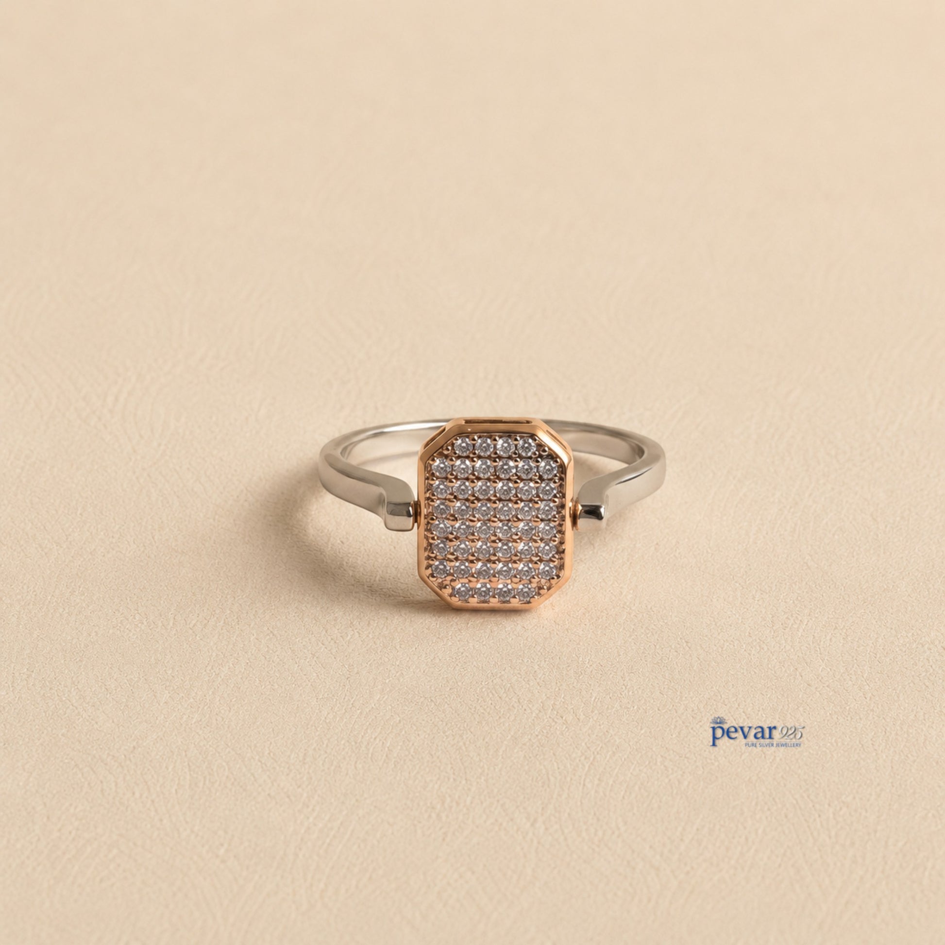 pevar925 sterling silver adjustable flip ring with a rectangular head featuring sparkling zircon stones