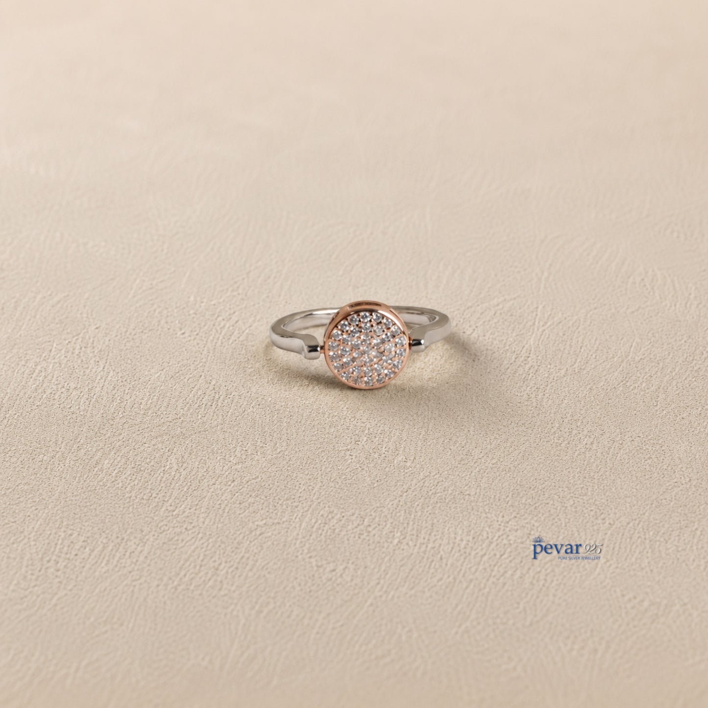 pevar925 sterling silver dual tone flip ring with a circular top featuring sparkling zircon stones